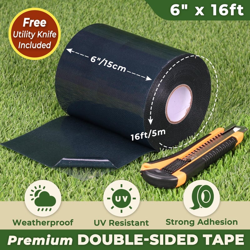 Linghou Double Sided Artificial Grass Turf Seam Tape 6" x 16' Self Adhesive Seaming Tape for Concrete Wood Floors Patios Indoor Outdoor Carpets Synthetic Turf or Green Lawn Rugs - Image 2